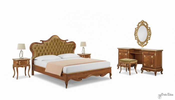 Slaapkamer Bed Nachtkastje Kaptafel Kruk Gestoffeerd Bed Tweepersoonsbed Set 5-dlg