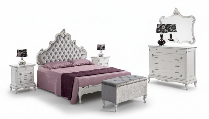 Klassieke meubels 6-delig slaapkamer set Bed 2x Nachtkastjes Krukje Ladekast Spiegel