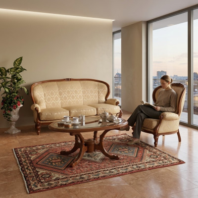 Klassieke bankstelsel bank bank fauteuil salontafel Italiaanse meubels 3-delig.