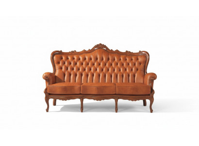 Luxe 3-zitsbank van bruin leer in art-decostijl.