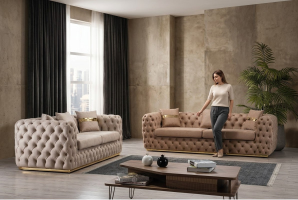 Beklede bankstel, bankstel 3+3 zits Chesterfield luxe set bankstellen leer.