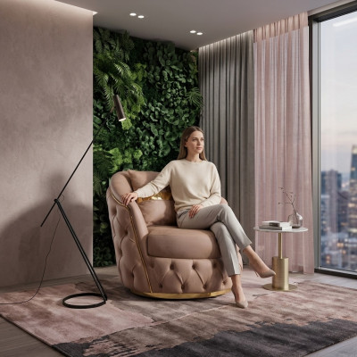 Een luxueuze, moderne fauteuil in een lichte beige tint van Chesterfield