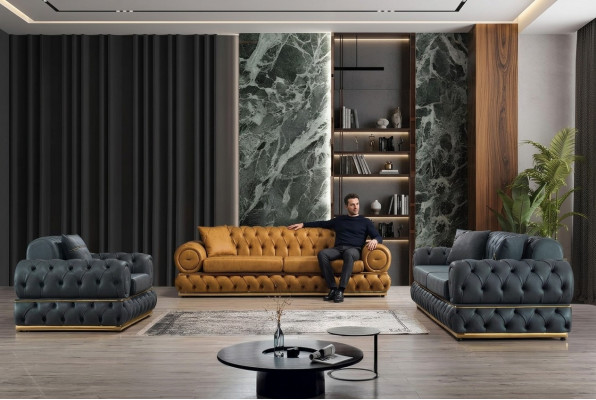 Sofa set 3+3+1 zits bankstel bank fauteuil bankstellen leer luxe Chesterfield.
