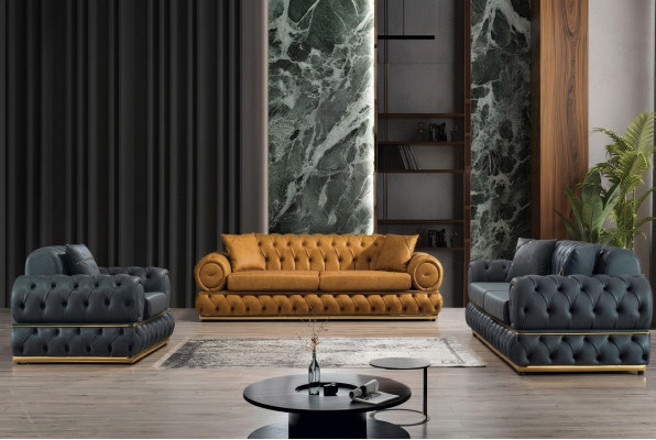 Sofa set 3+3+1 zits bankstel bank fauteuil bankstellen leer luxe Chesterfield.