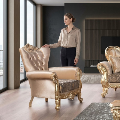 Fauteuil Zitting Zitter Design Woonkamer Bekleding Nieuw Stijl Barok Rococo Luxe Beige
