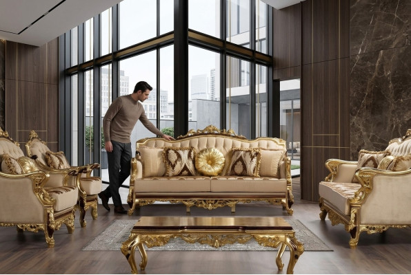 Driepersoonsbank 3-zits Barok Rococo Bank Luxe Bankstellen Stof Textiel Ontwerp