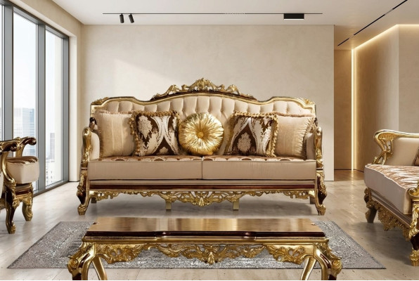 Driepersoonsbank 3-zits Barok Rococo Bank Luxe Bankstellen Stof Textiel Ontwerp