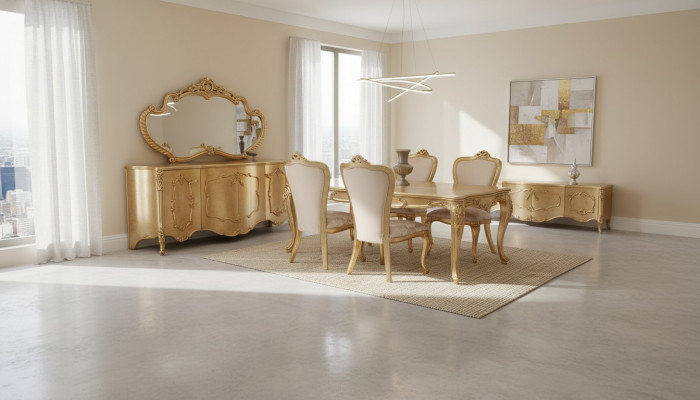 Luxe set met 9 delen. Eettafel, stoel, dressoir, spiegel. Nieuwe eettafel.