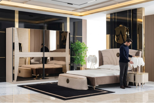 Luxe set slaapkamer bed nachtkastje commode kruk set ensemble nieuw 5-delig.