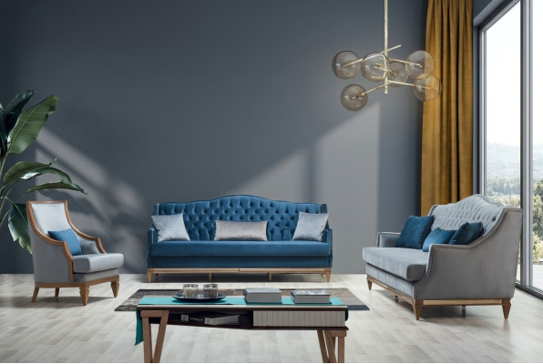 Moderne Blauwe Chesterfield bankstel Designer Driepersoons Luxe Fauteuil