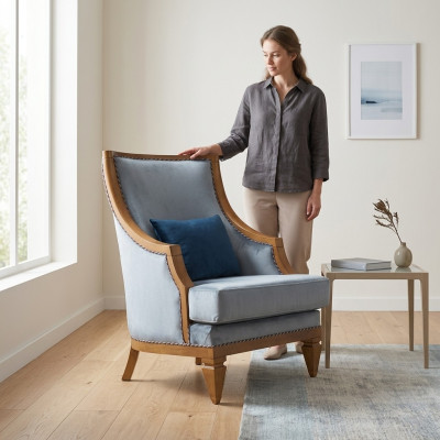 Moderne grijze fauteuil van textiel met één zitplaats van leer voor in de woonkamer, nieuw.
