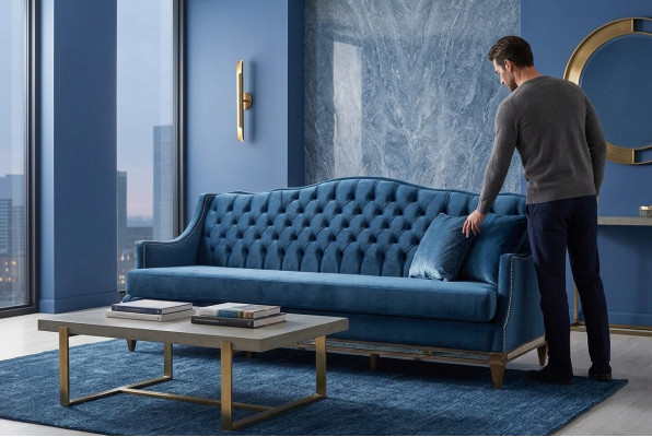 Blauw Chesterfield driezits Relax Lounge Sofa Woonkamer 3-zits.