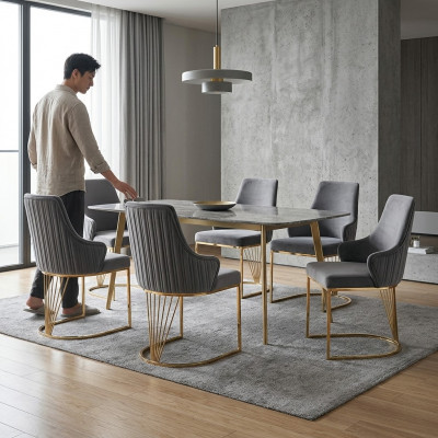 Groep 6x stoelen fauteuil leuning stof hotel textiel nieuwe set stoelen sets