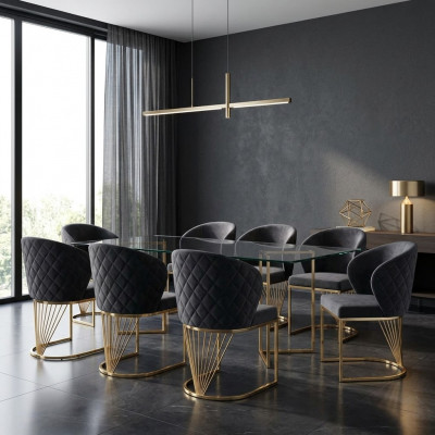 Set van 8 stoelgroepen, bekledde eetkamerstoelen van stof.