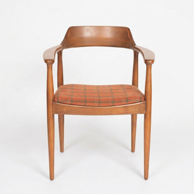Stel van 8 stoelen stoel ontwerp hout stof bekleding stoelen eetkamer textiel.