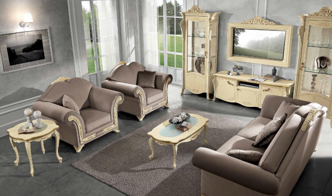 Tv kast Hout rtv woonwand Woonkamer Klassiek design Set 2-delig Beige Nieuw