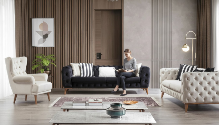 Bankstel Bank 3+3+1 Zitter Zwart Chesterfield Fauteuil Meubels