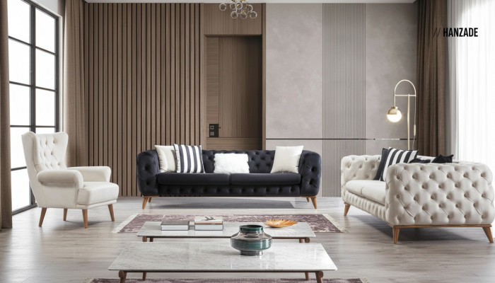 Bankstel Bank 3+3+1 Zitter Zwart Chesterfield Fauteuil Meubels