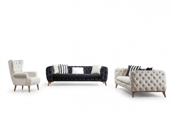 Bankstel Bank 3+3+1 Zitter Zwart Chesterfield Fauteuil Meubels