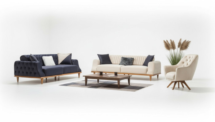 Bankstel 3-zits Beige Woonkamer Elegant Ontwerp Chesterfield Italiaanse Stijl