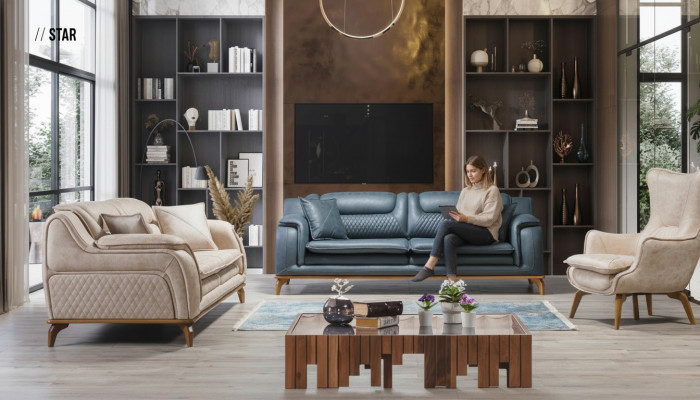 Sofaset 3+3+1 zits Blauwe fauteuil Luxe lederen bank Bank Meubels Western Stijl
