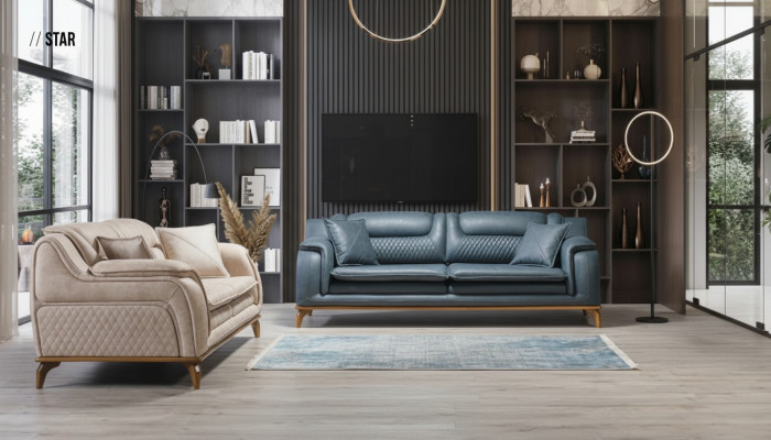 Sofaset 3+3+1 zits Blauwe fauteuil Luxe lederen bank Bank Meubels Western Stijl