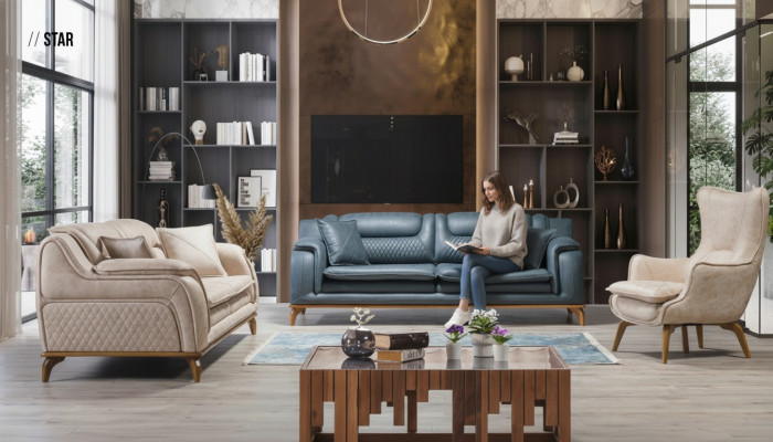 Bank Blau 3-zits woonkamer bankstel design Chesterfield Italiaanse stijl meubels