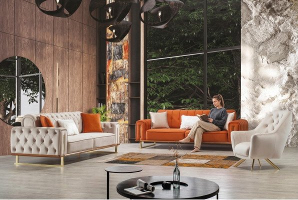 Bank Oranje 3-zits Woonkamer Luxe Chesterfield Italiaans