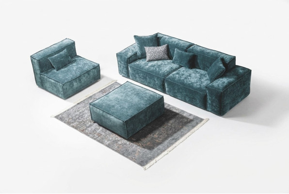 Sofaset Kubus Meubelen xxl 3+1 zits Blauwe Woonkamer Fauteuil Voetenbankje