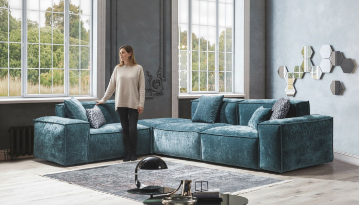 Hoekbank L-vorm Blauw woonlandschap Designbank Meubels Bank Bank