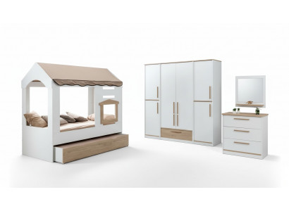 Kinderslaapkamer Bedhuis Overdekt bed Slaapkamerset Spiegel 4-delig.