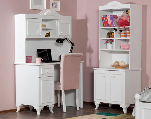 Landhuis kinderkamerset Wit Bed Nachtkastje Bureau Boekenplank Kast 5-delig.