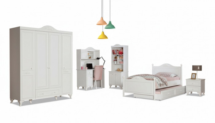 Landhuis kinderkamerset Wit Bed Nachtkastje Bureau Boekenplank Kast 5-delig.