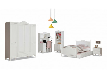 Landhuis kinderkamerset Wit Bed Nachtkastje Bureau Boekenplank Kast 5-delig.