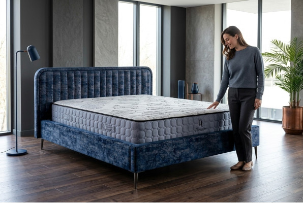 Bed Blauw Tweepersoonsbed Slaapkamer Hout Meubel Ontwerp Elegant Bekleed Stof Nieuw