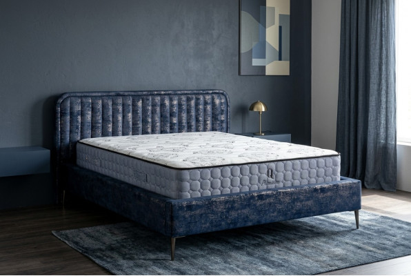 Bed Blauw Tweepersoonsbed Slaapkamer Hout Meubel Ontwerp Elegant Bekleed Stof Nieuw