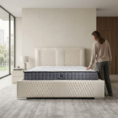 Bed Beige Double Bed Modern Luxury Bed Upholstered Fabric Bedroom Modern New