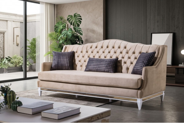 Beige Chesterfield driezits Luxe textielbank Designer stoffen bankstellen