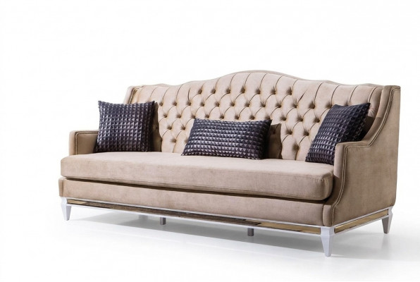 Beige Chesterfield driezits Luxe textielbank Designer stoffen bankstellen