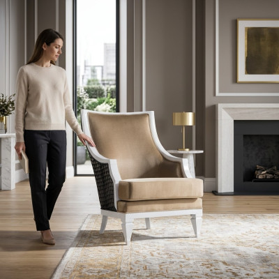 Lichtbeige fauteuil met armleuning, eenzits, houten frame houten armstoel