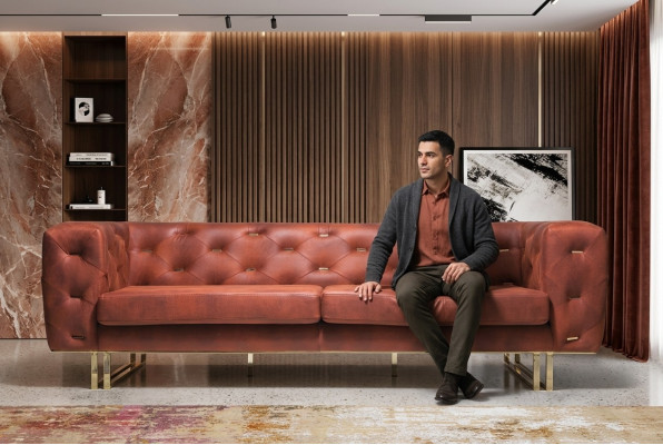 Chesterfield Textiel Stof Bankstel Elegant Ontwerp Klassiek Meubilair Bruin 3-Zits