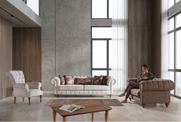 Wit-Bruine Chesterfield zitgroep Designerbanken Luxe set 3+2+1