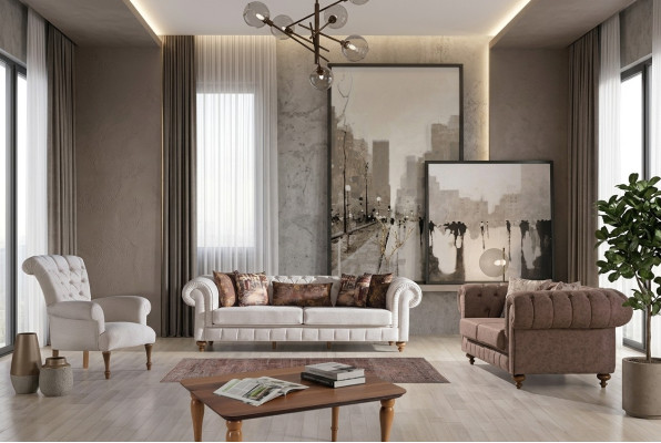 Wit-Bruine Chesterfield zitgroep Designerbanken Luxe set 3+2+1