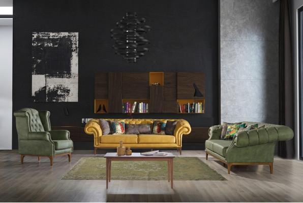 Groen-gele bankstel designer driezits luxe fauteuil 3+3+1 set.