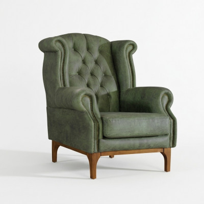 Groene Chesterfield luxe fauteuil gestoffeerde designer fauteuil met armleuningen.