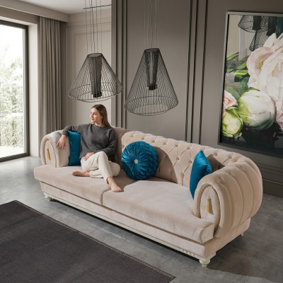 Beige Chesterfield gestoffeerde bank Designer driezits stoffen bankstellen 3-zits