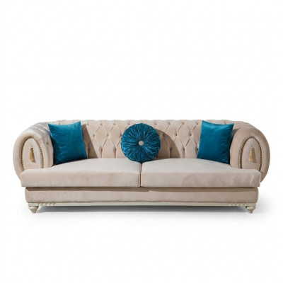 Beige Chesterfield gestoffeerde bank Designer driezits stoffen bankstellen 3-zits