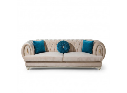 Beige Chesterfield gestoffeerde bank Designer driezits stoffen bankstellen 3-zits