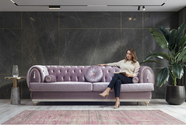 Lila Chesterfield driepersoons designer bankstel met houten frame