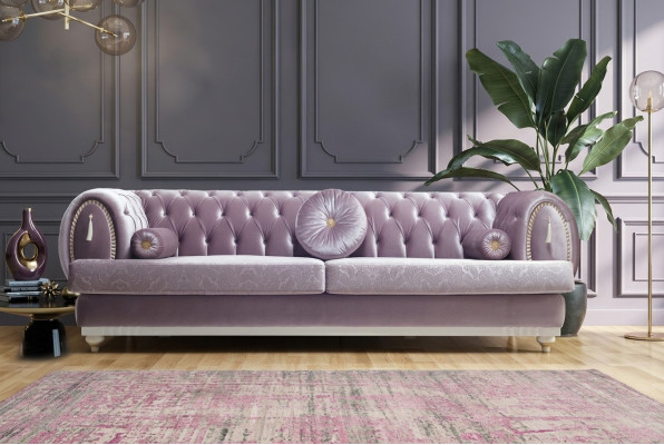 Lila Chesterfield driepersoons designer bankstel met houten frame